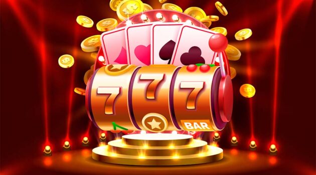 Casino slots machine winner, jackpot fortune of luck, 777 win banner. Vector