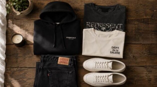 Folded stussy hoodie stack next to graphic tees and denim on a wooden surface